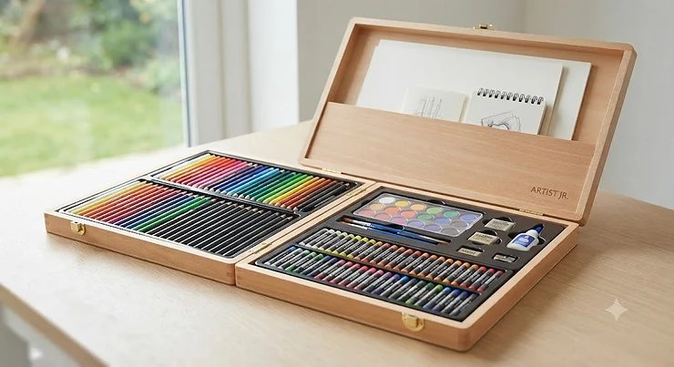 A professional art set for kids featuring colourful pencils and paints organized inside a wooden case.