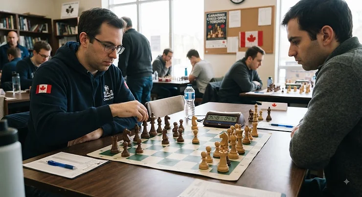 A professional-grade chess set on a tournament table in a Canadian club setting.