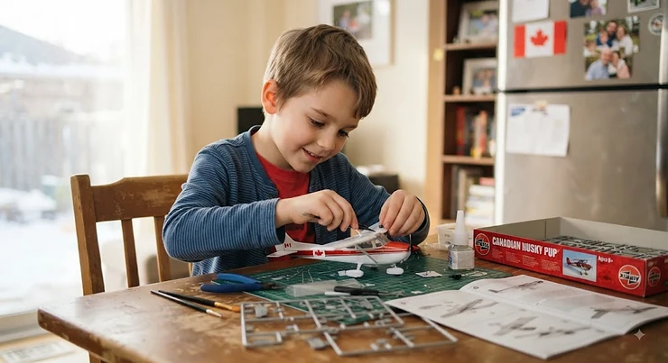 A young child assembling a beginner-level scale model kit at a table in a Canadian home. scale model kits kids