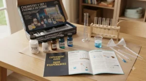 Flat lay illustration of a chemistry set for a 10 year old, showing safe lab equipment, test tubes, and instruction manuals in English and French.