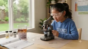 Educational illustration of a young student exploring STEM concepts with a microscope and chemistry set geared for Canadian elementary students.