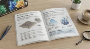 An open instruction manual showing detailed scientific steps and diagrams for growing large and complex crystal structures.