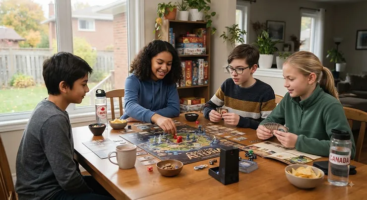 Tweens playing a strategy board game together around a kitchen table in Canada. strategy board games tweens