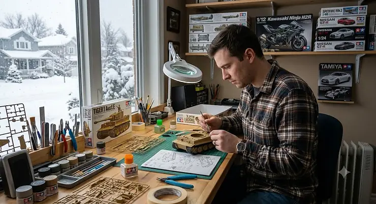 A hobbyist building Tamiya model kits on a workbench during a snowy Canadian winter