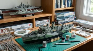 Tamiya model kits of historical naval ships including a vessel painted in Royal Canadian Navy dazzle camouflage