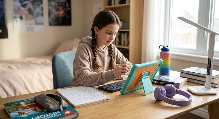 A tween using a tablet at a desk for homework, showcasing popular educational tech gadgets for tweens.