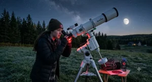 High school student viewing the lunar surface through a high-powered astronomy telescope.