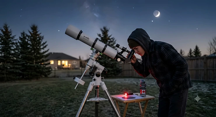 Canadian teenager using a refractor telescope for backyard astronomy under the clear night sky. telescope astronomy teens
