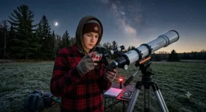 Teen attaching a smartphone to an astronomy telescope eyepiece for astrophotography.