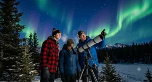 Two Canadian teens looking through an astronomy telescope while the aurora borealis glows in the background.