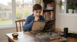 A focused tween reading the instruction manual for a complex strategy board game.