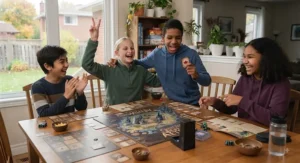 Canadian tweens cheering and celebrating a win in a competitive strategy board game.