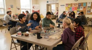 Tweens enjoying a strategy board game night at a local Canadian community centre.