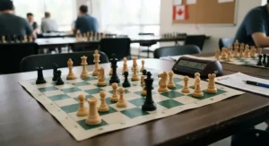 A flexible roll-up vinyl board with a matching plastic tournament chess set.