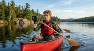 A youth paddling a canoe on a lake in Algonquin Park while holding a waterproof action camera.