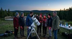 Group of Canadian teens gathered around a telescope during an evening youth astronomy workshop.