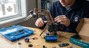 Builder assembling a custom robotic arm project powered by an Arduino advanced kit.