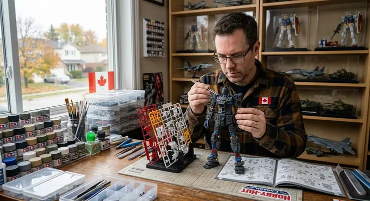 Experienced hobbyist assembling an advanced model kit of a Master Grade Gundam at a workstation in Canada.