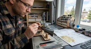 Builder using tweezers to apply micro photo-etched brass details to an advanced model kit.