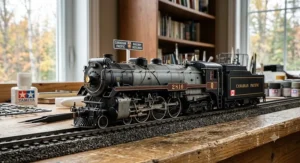 HO scale steam locomotive train carefully constructed using advanced model kit components.