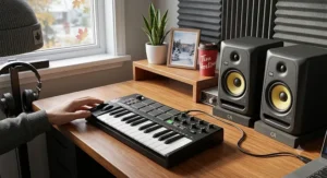 An entry-level MIDI keyboard controller placed on a wooden desk next to studio monitor speakers.