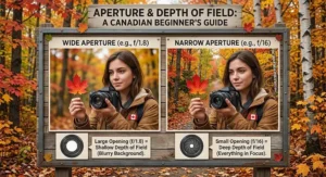 Illustration demonstrating aperture settings and depth of field effects on a camera lens beginner photographing colourful autumn leaves in Ontario.