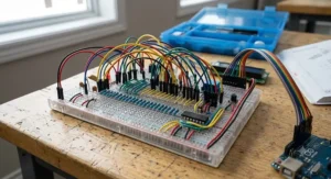 Close-up of intricate breadboard wiring and resistor placements from an Arduino advanced kit tutorial.