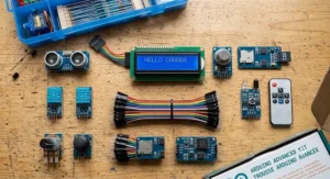Top-down view of sensor modules, LCD screen, and jumper wires included in an Arduino advanced kit.