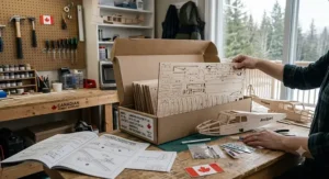 Unboxing a laser-cut balsa wood RC plane building kit showing parts, wings, and instructions