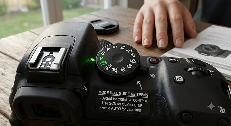 Close-up view of mode dial settings on an entry-level DSLR camera designed for teens learning manual controls. beginner DSLR camera teens