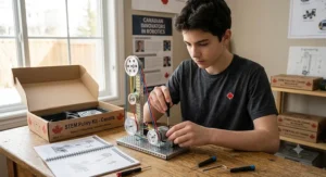 Teenager adjusting a motorized pulley system included in a beginner mechanical engineering kit