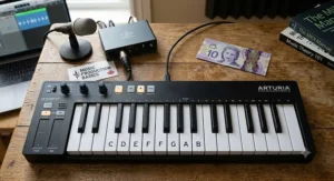 Top-down view of a 25-key MIDI keyboard designed for beginners starting out in Canadian music production.