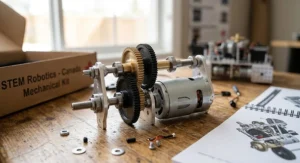 Close-up of intricate gear and motor components from a mechanical engineering kit for teens