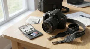 Affordable beginner DSLR camera kit featuring a standard zoom lens, neck strap, and memory card for high school students.
