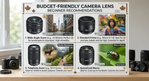 Visual overview of affordable, high-value lenses recommended for a camera lens beginner shopping online in Canada.