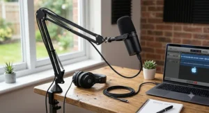 Essential components of an affordable podcast microphone kit, including a cardioid mic, desktop clamp boom arm, and USB-C cable.
