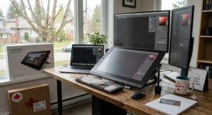 Modern Canadian workspace featuring a dual-monitor setup connected to a Wacom pen tablet