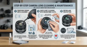 Step-by-step cleaning illustration showing proper maintenance with a microfibre cloth and blower to protect lens glass in cold winter weather.