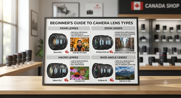 A beginner guide diagram illustrating different camera lens types available in Canadian photography shops, including prime, zoom, macro, and wide-angle lenses.