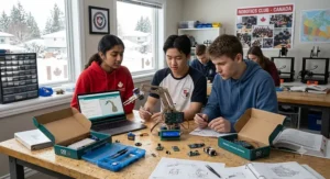 High school students in a Canadian classroom collaborating on a computer science project with an Arduino advanced kit.