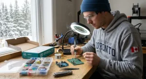 Canadian maker soldering connections onto a custom expansion shield for an Arduino advanced kit.
