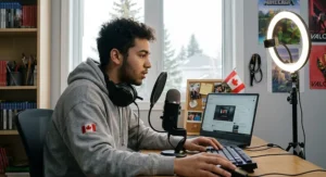 Canadian teen gamer speaking into a desktop USB condenser microphone while broadcasting online.