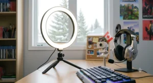 Compact LED ring light illuminated on a desk beside streaming hardware in a Canadian home.