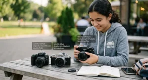 Side-by-side visual comparison of lightweight beginner DSLR camera models suitable for teenage hands and travel.
