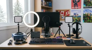 Complete streaming equipment bundle for teenagers laid out on a wooden desk ready for live broadcasting.