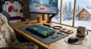 Cozy Canadian gaming setup featuring an illuminated mechanical gaming keyboard