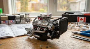 Close-up of a finely detailed miniature engine block from an advanced model kit classic automobile.