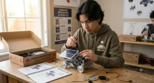 Canadian teen building a solar-powered vehicle using a mechanical engineering kit in a classroom