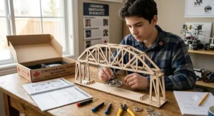 Teenager testing structural load capacity on a wooden bridge model built from an engineering kit