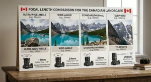 Comparison chart showing how different focal lengths change field of view for a camera lens beginner capturing Canadian landscape scenery.